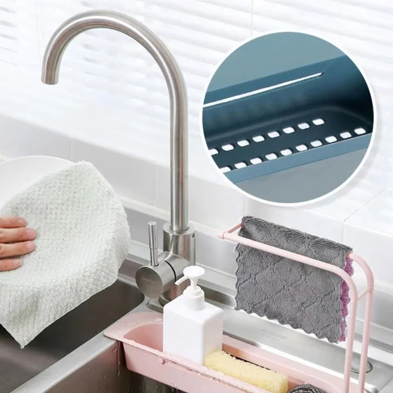 Telescopic Sink Shelf Kitchen Sink Drain Rack Soap Sponge Holder Organizer Cloth Hanger Storage Basket - Blue