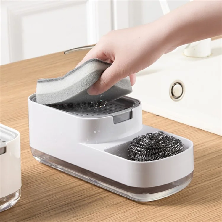 Manual Pressing Sponge Detergent Dispenser Liquid Dish Soap Dispenser Sponge Storage Box for Kitchen - White
