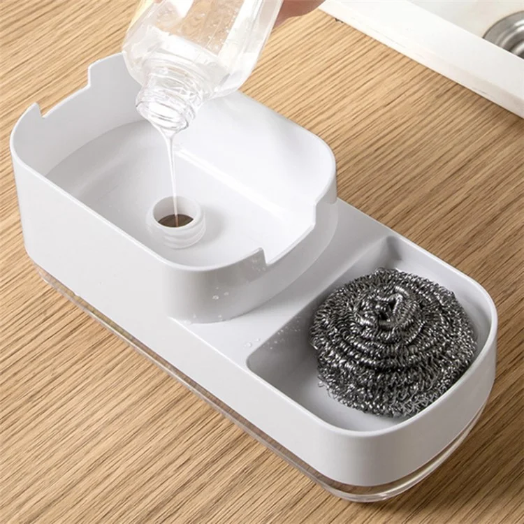 Manual Pressing Sponge Detergent Dispenser Liquid Dish Soap Dispenser Sponge Storage Box for Kitchen - White