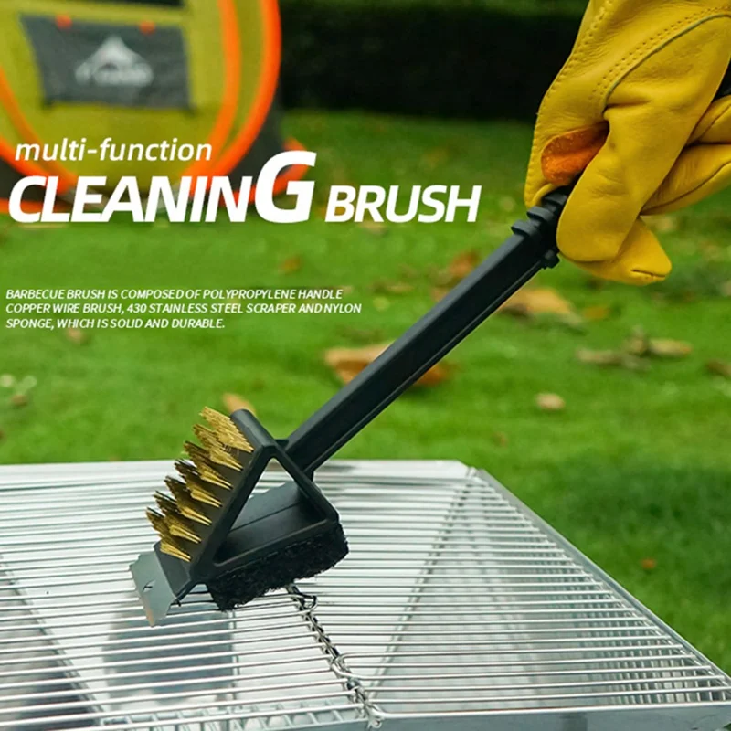 Grill Cleaning Brush Outdoor Camping BBQ Brush + Sponge + Scraper 3-in-1 Cleaning Tool