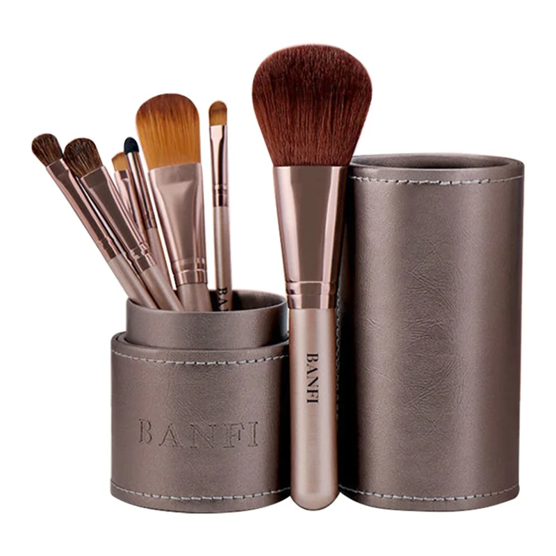 Set da 7 pezzi di pennelli da trucco con setole morbide, manico in legno + alluminio - Fondotinta, Blush, Correttori, Ombretti - Champagne Gold