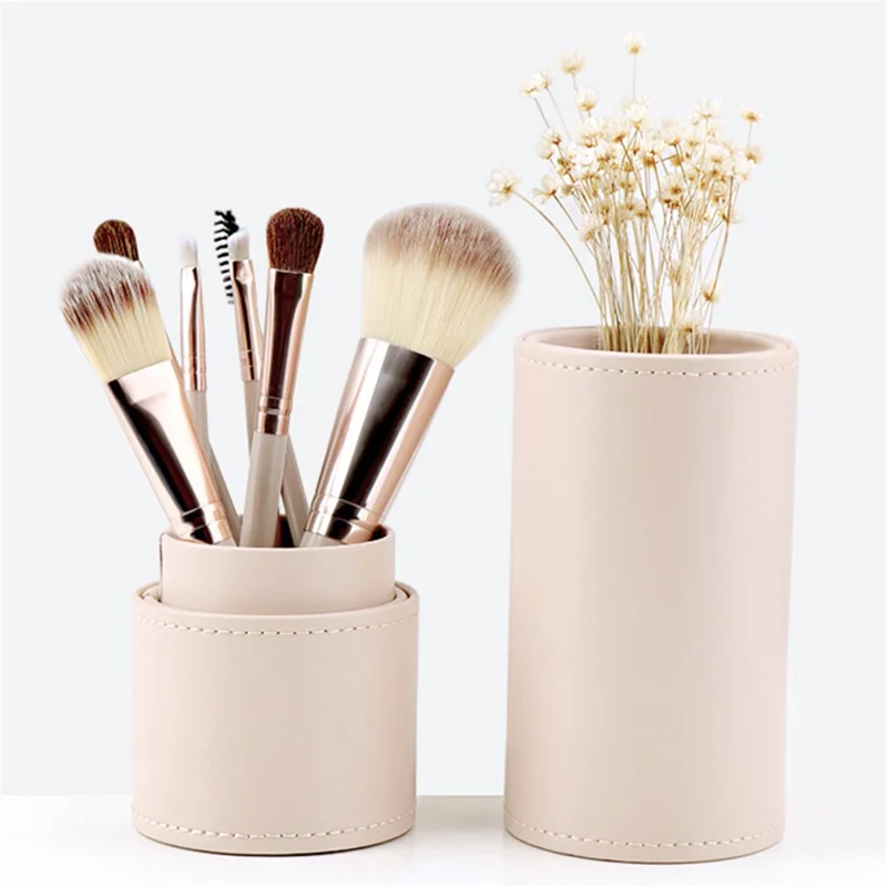 Set da 7 pezzi di pennelli da trucco con setole morbide, manico in legno + alluminio - Fondotinta, Blush, Correttori, Ombretti - Champagne Gold