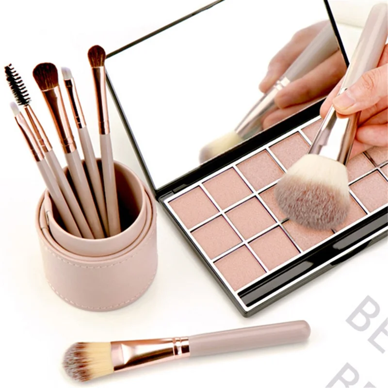 Set da 7 pezzi di pennelli da trucco con setole morbide, manico in legno + alluminio - Fondotinta, Blush, Correttori, Ombretti - Champagne Gold