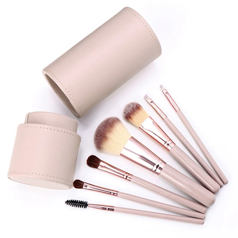 Set da 7 pezzi di pennelli da trucco con setole morbide, manico in legno + alluminio - Fondotinta, Blush, Correttori, Ombretti - Champagne Gold