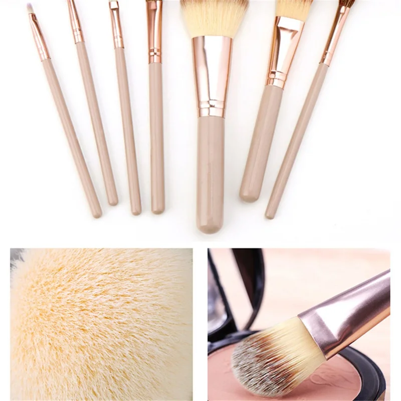 Set da 7 pezzi di pennelli da trucco con setole morbide, manico in legno + alluminio - Fondotinta, Blush, Correttori, Ombretti - Champagne Gold