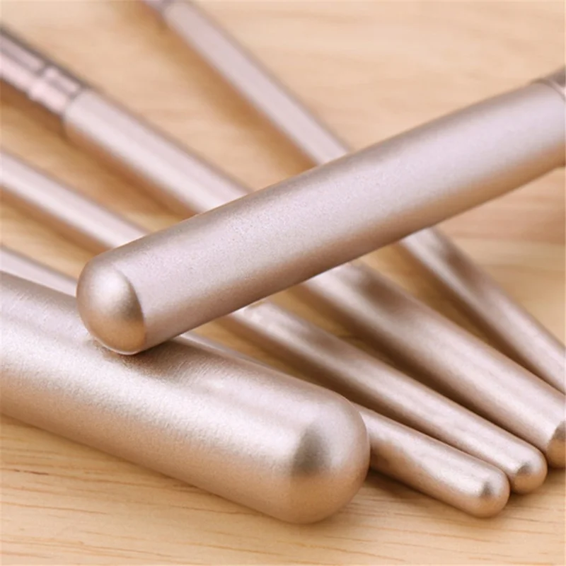 Set da 7 pezzi di pennelli da trucco con setole morbide, manico in legno + alluminio - Fondotinta, Blush, Correttori, Ombretti - Champagne Gold