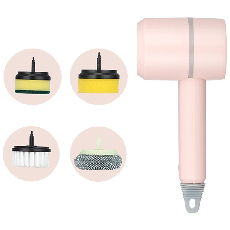 3 Gears Rechargeable Electric Cleaning Brush Strong Power Cleaner with 4 Replaceable Brush Heads - Pink