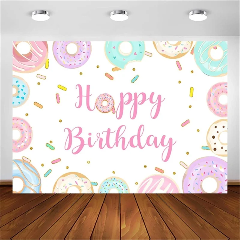 210X150CM Cartoon Doughnut Backdrop Gathering Decoration Pongee Background Cloth for Children Birthday Party