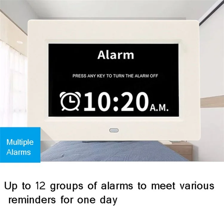 Alarm Clock Digital Calendar Day Clock 7-inch Large Display Programmable Medication Reminder, EU Plug - White