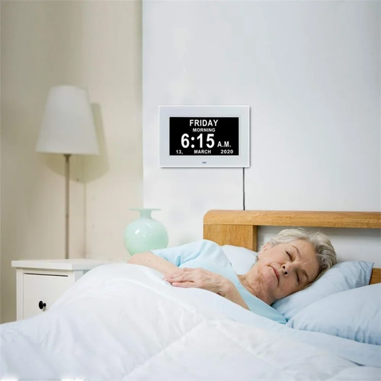 Alarm Clock Digital Calendar Day Clock 7-inch Large Display Programmable Medication Reminder, EU Plug - White