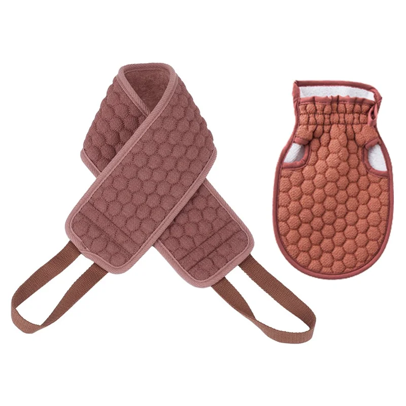 1 Set Fiber Cloth Body Exfoliating Bath Towel Back Skin Scrubber Strap Shower Bath Glove - Coffee