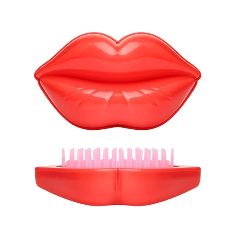 Peigne de Voyage en Plastique ABS en Forme de Lèvre Compact Mini Brosse à Cheveux avec Miroir pour Femmes - Rose