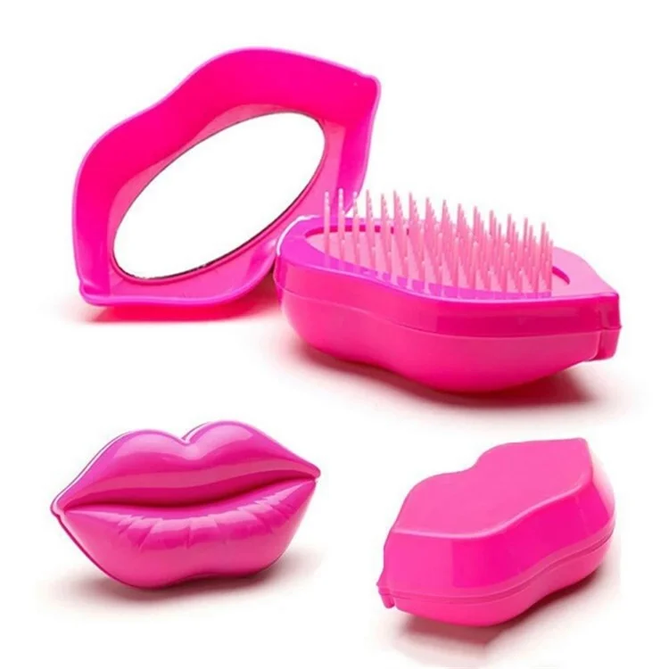 Peigne de Voyage en Plastique ABS en Forme de Lèvre Compact Mini Brosse à Cheveux avec Miroir pour Femmes - Rose