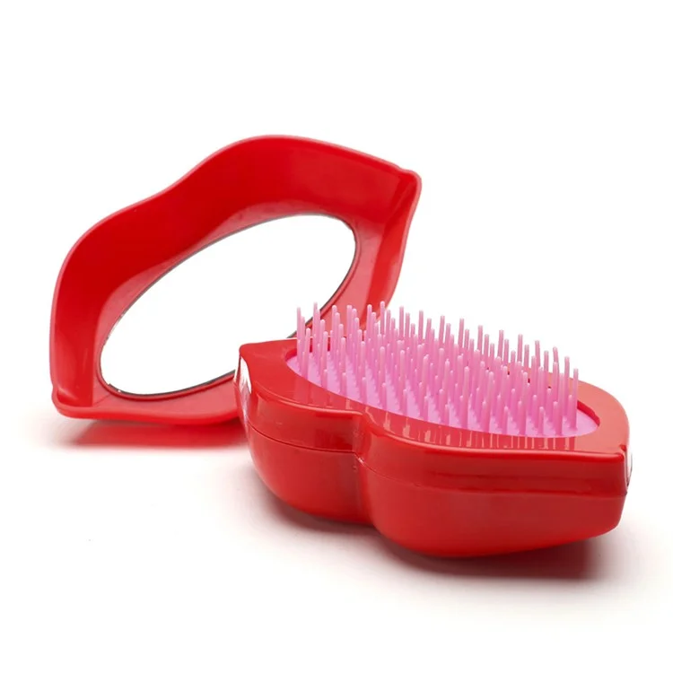 ABS Plastic Lip-Shaped Hair Comb Compact Mini Travel Hair Brush Hairbrush with Mirror for Women - Red