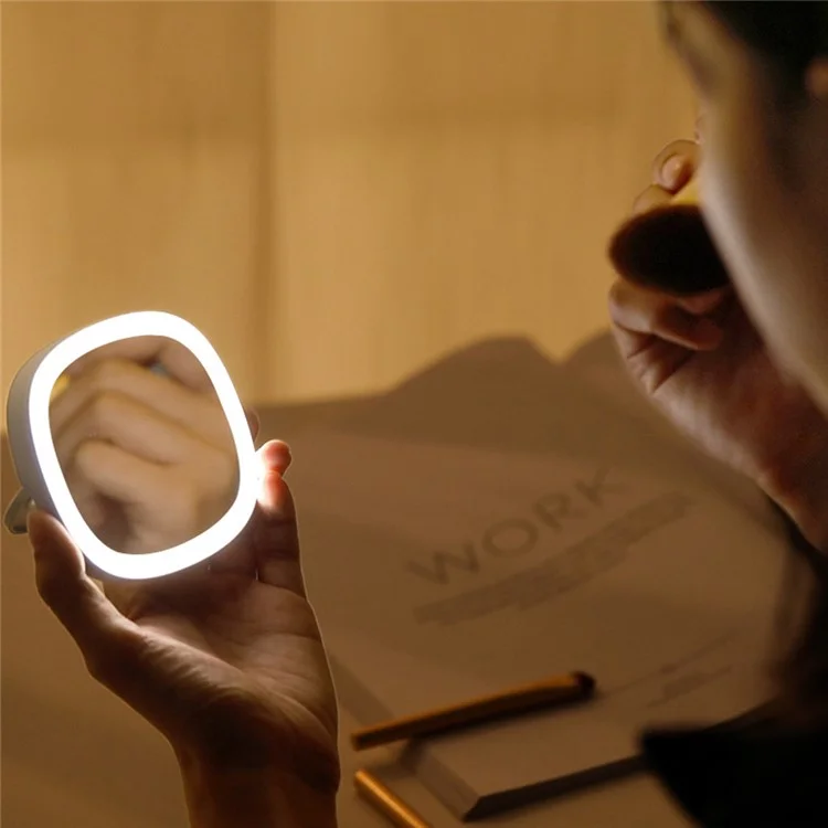 Specchio da Viaggio con Luce per il Trucco, Portatile, Piccolo, Tascabile, Mini Specchio a Mano con Lampada per il Trucco - Bianco