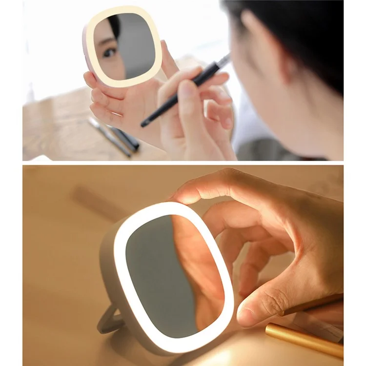 Specchio da Viaggio con Luce per il Trucco, Portatile, Piccolo, Tascabile, Mini Specchio a Mano con Lampada per il Trucco - Bianco