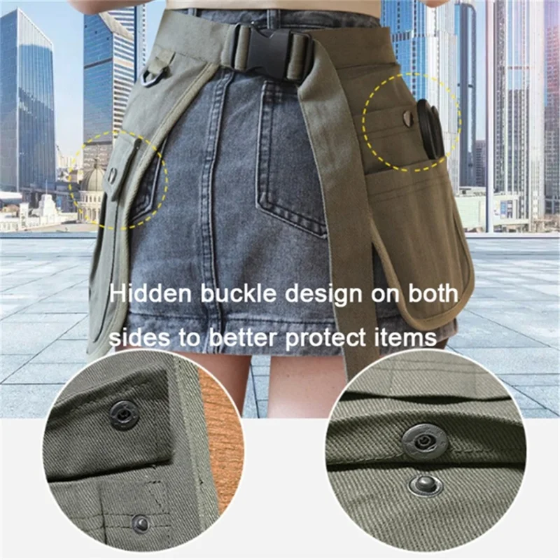 Multi Pockets Cosmetics Gardening Tools Storage Short Apron Waist Buckle Canvas Work Apron - Black