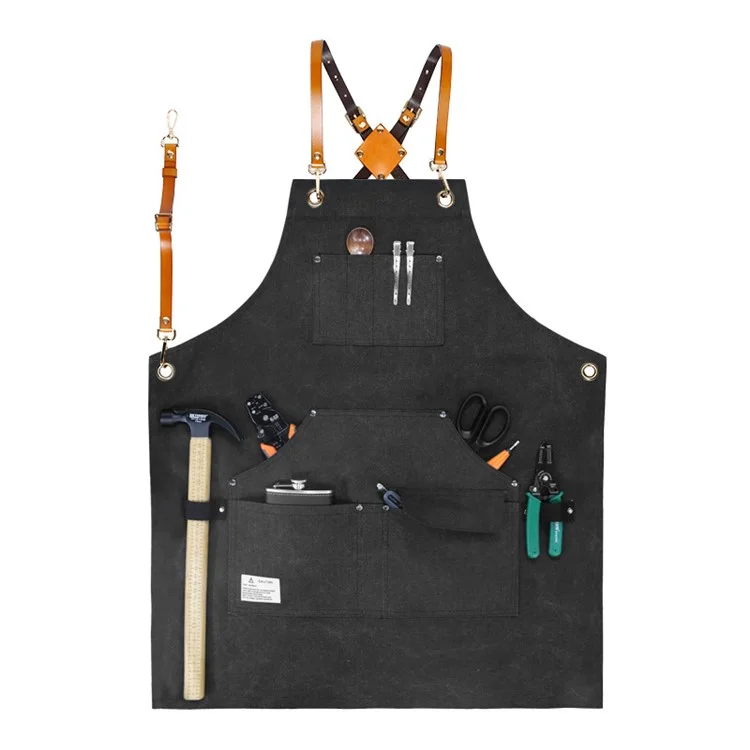 D001 Multi-pockets Apron Waterproof Canvas Apron for Heavy Duty Woodworking Gardening, Brown Leather Strap - Black