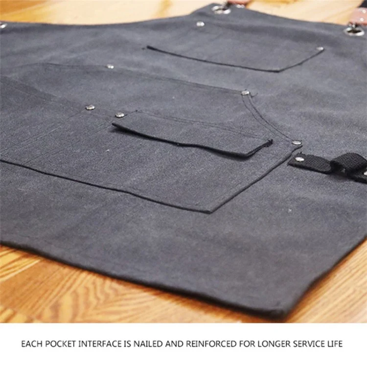 D001 Multi-pockets Apron Waterproof Canvas Apron for Heavy Duty Woodworking Gardening, Brown Leather Strap - Black