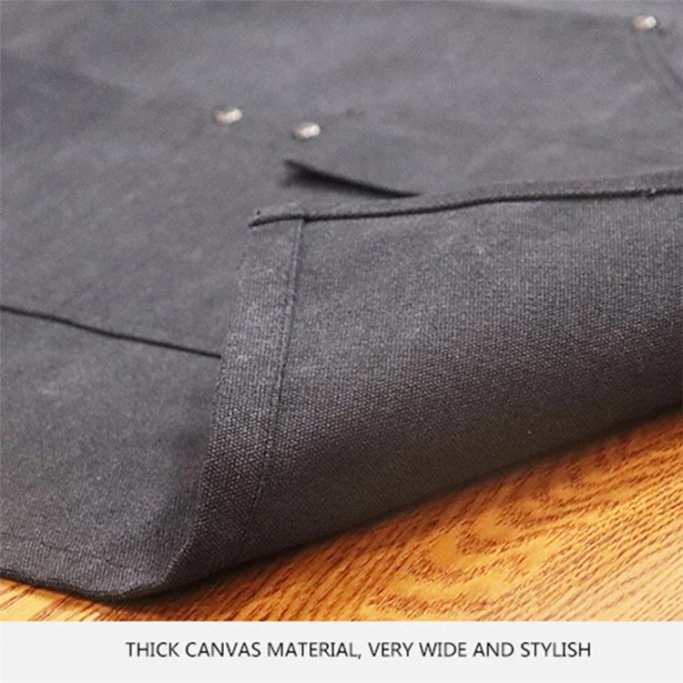 D001 Multi-pockets Apron Waterproof Canvas Apron for Heavy Duty Woodworking Gardening, Brown Leather Strap - Black