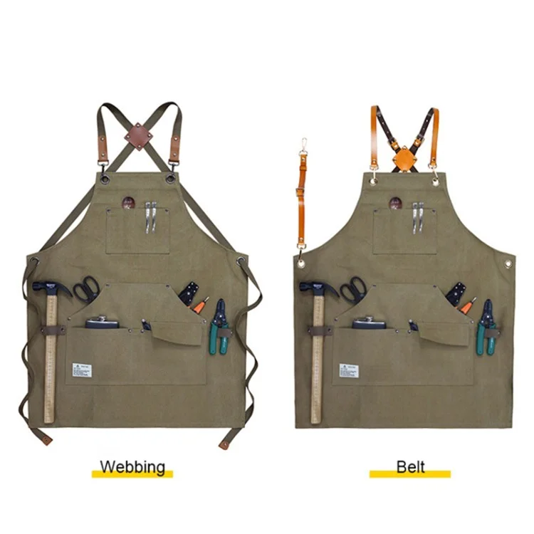 D001 Multi-pockets Apron Waterproof Canvas Apron for Heavy Duty Woodworking Gardening, Brown Leather Strap - Black