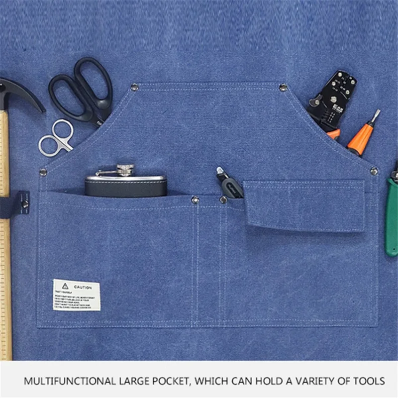 D001 Carpenter Work Apron with Multiple Pockets Gardening Woodworking Waterproof Canvas Apron - Black