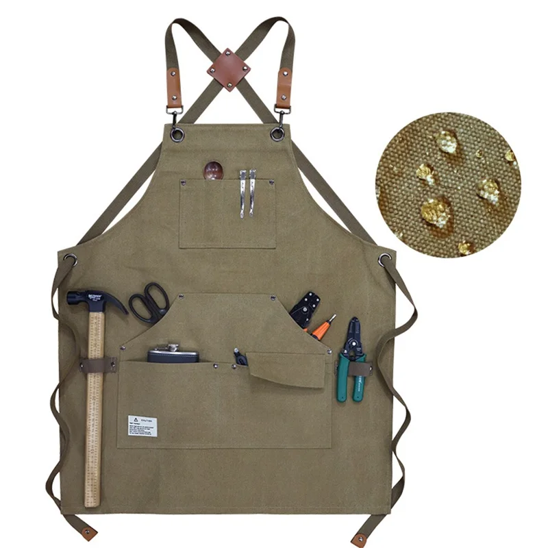 D001 Carpenter Work Apron with Multiple Pockets Gardening Woodworking Waterproof Canvas Apron - Army Green