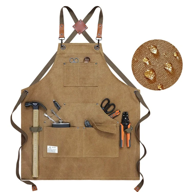D001 Carpenter Work Apron with Multiple Pockets Gardening Woodworking Waterproof Canvas Apron - Khaki