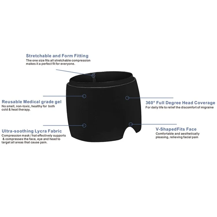 H08198 Gel Ice Pack Migraine Relief Cap Reusable Headache Relief Hat, FDA & MSDS Certificated / No CE (ST) - Noir
