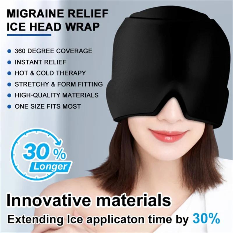 H08190 Cold Compress Headache Relief Head Hood Gel Lycra Hot Cold Therapy Eye Mask Cap - Black