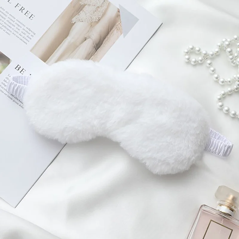 Cartoon Soft Plush Eye Mask with Adjustable Strap Imitation Silk Sleep Mask for Autumn, Winter - White