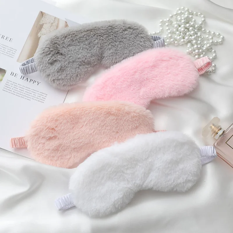 Cartoon Soft Plush Eye Mask with Adjustable Strap Imitation Silk Sleep Mask for Autumn, Winter - White