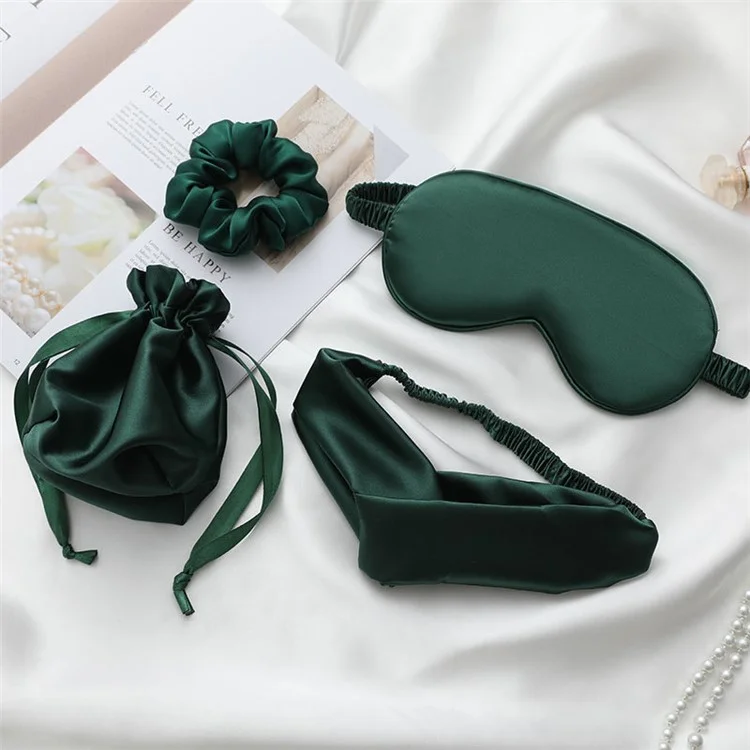 Imitation Silk Shading Eye Mask Sleep Blindfold + Hair Band + Scrunchie + Storage Bag - Dark Green
