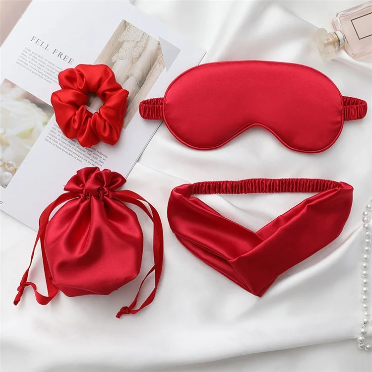 Imitation Silk Shading Eye Mask Sleep Blindfold + Hair Band + Scrunchie + Storage Bag - Red