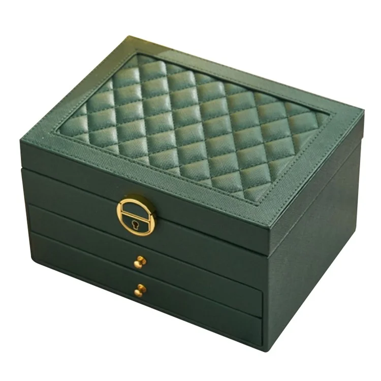 Rhombus Stitching Lines Three-layer Drawer Jewelry Lock Case Necklace Ring PU Leather Display Box, 23*17*13.5cm - Blackish Green