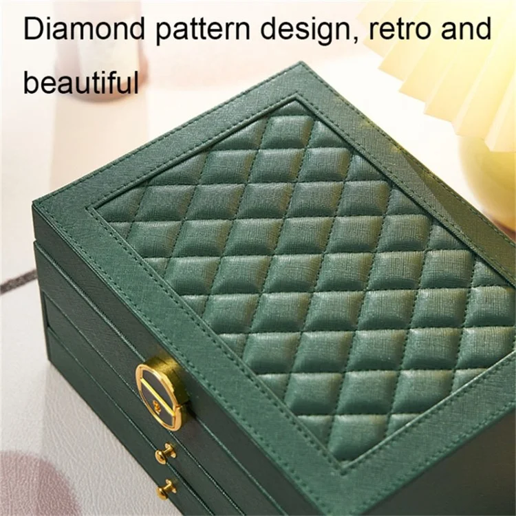 Rhombus Stitching Lines Three-layer Drawer Jewelry Lock Case Necklace Ring PU Leather Display Box, 23*17*13.5cm - Blackish Green