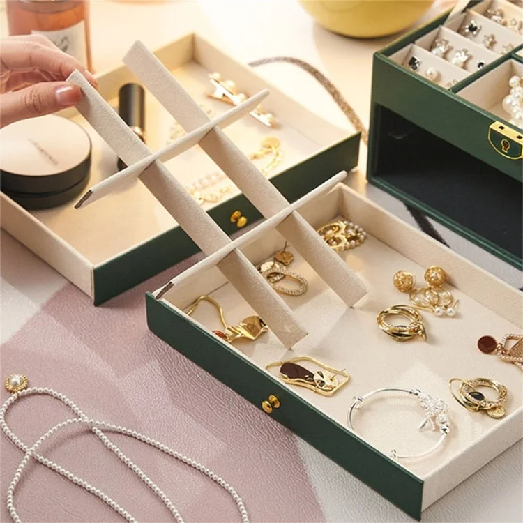 Rhombus Stitching Lines Three-layer Drawer Jewelry Lock Case Necklace Ring PU Leather Display Box, 23*17*13.5cm - Blackish Green