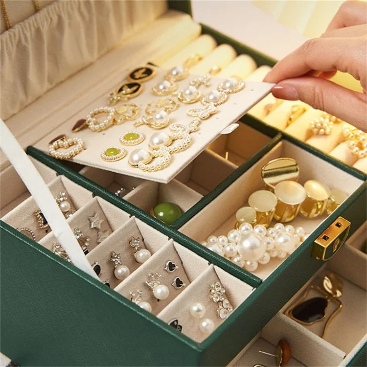 Rhombus Stitching Lines Three-layer Drawer Jewelry Lock Case Necklace Ring PU Leather Display Box, 23*17*13.5cm - Blackish Green