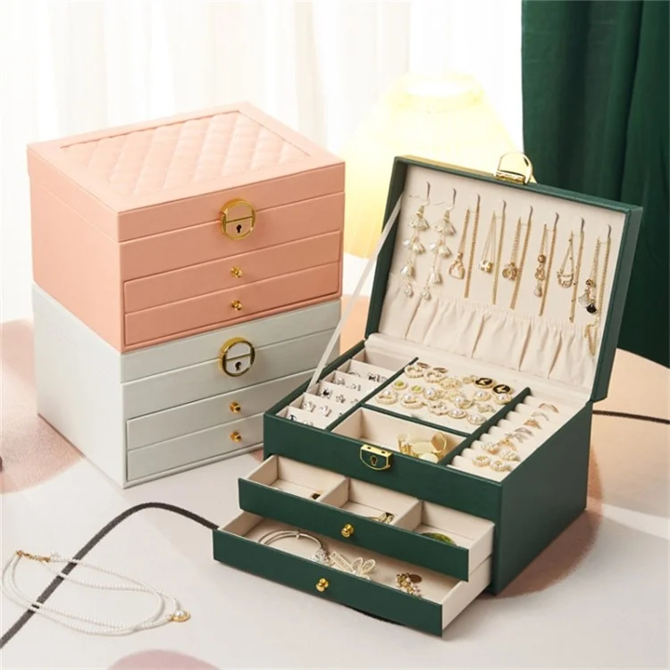Rhombus Stitching Lines Three-layer Drawer Jewelry Lock Case Necklace Ring PU Leather Display Box, 23*17*13.5cm - Blackish Green