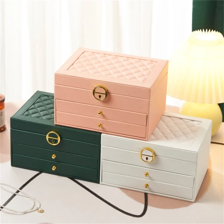 Rhombus Stitching Lines Three-layer Drawer Jewelry Lock Case Necklace Ring PU Leather Display Box, 23*17*13.5cm - Blackish Green
