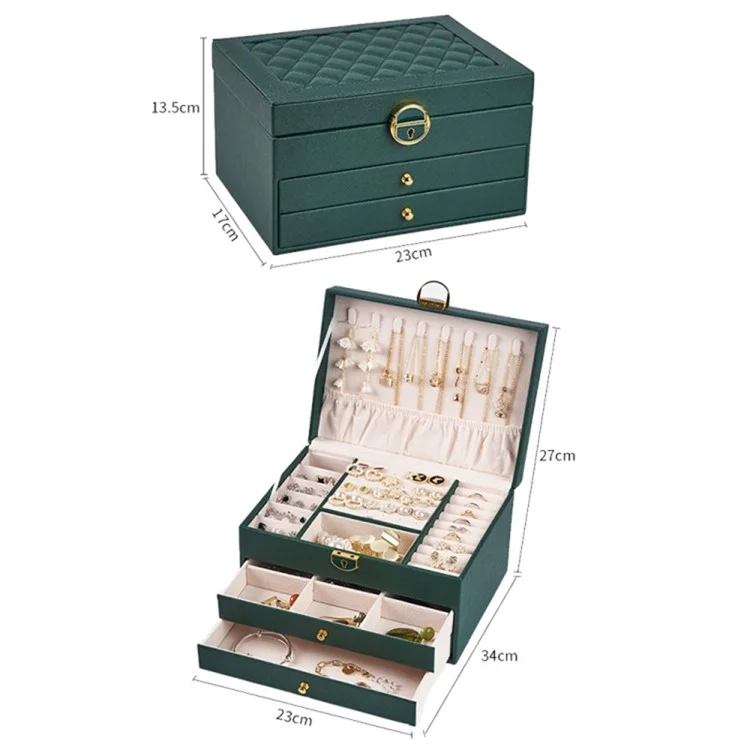 Rhombus Stitching Lines Three-layer Drawer Jewelry Lock Case Necklace Ring PU Leather Display Box, 23*17*13.5cm - Blackish Green