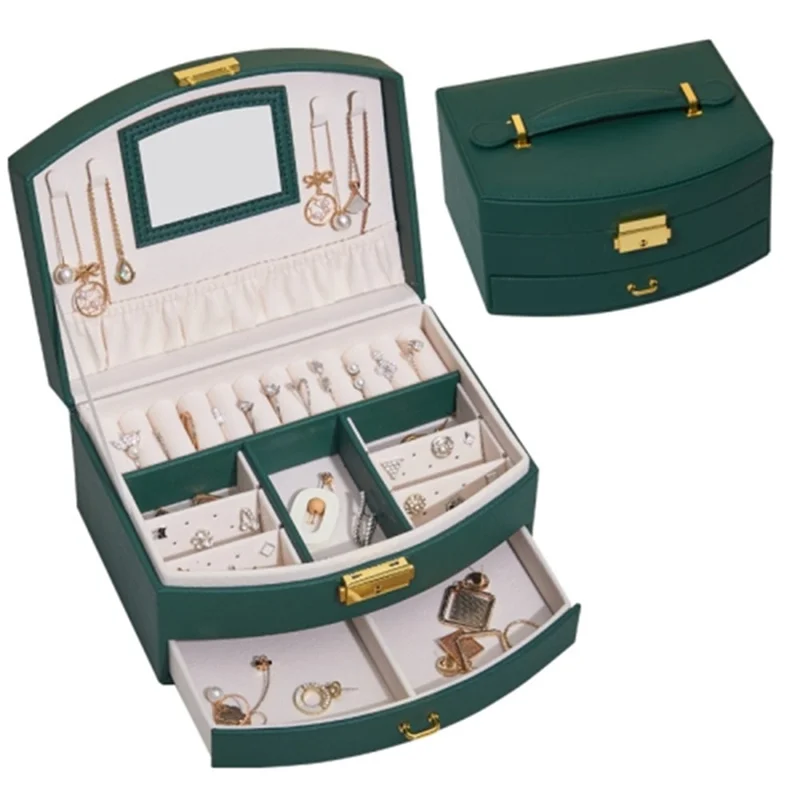 Dual Layer Jewelry Box Organizer Earring Rings Storage Display PU Leather Case, 20x16x10cm - Blackish Green