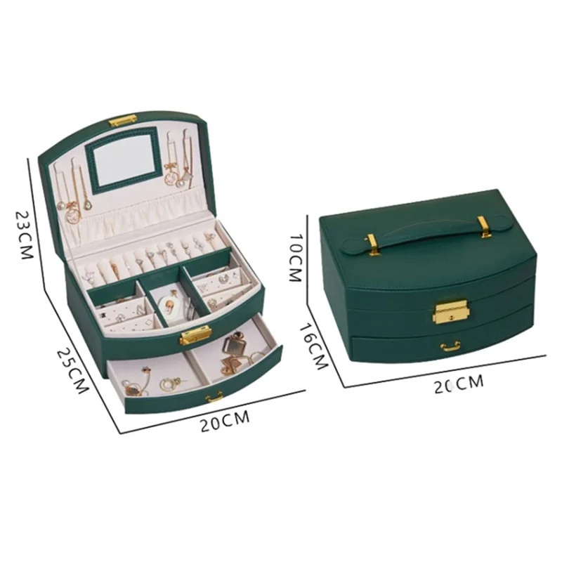 Dual Layer Jewelry Box Organizer Earring Rings Storage Display PU Leather Case, 20x16x10cm - Blackish Green