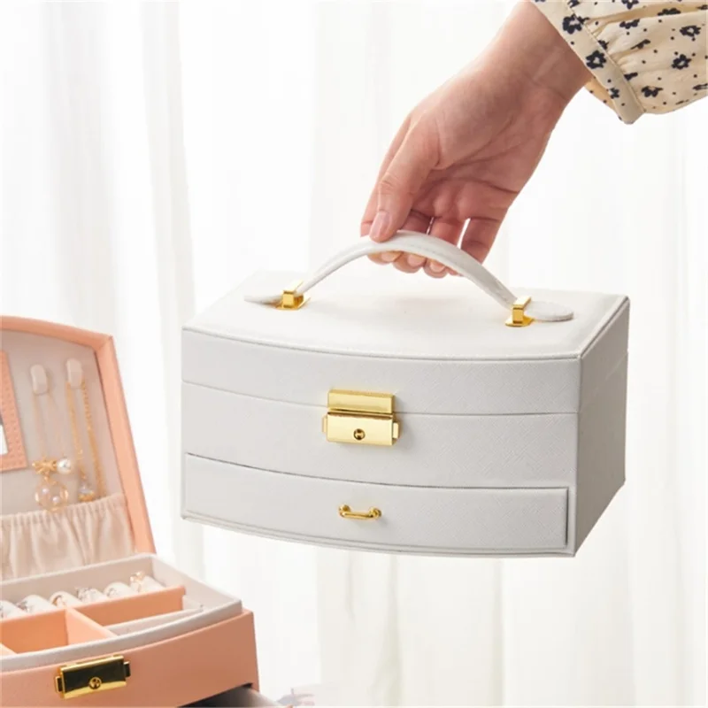 Dual Layer Jewelry Box Organizer Earring Rings Storage Display PU Leather Case, 20x16x10cm - Blackish Green