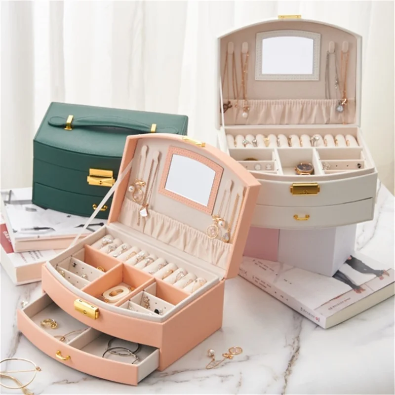 Dual Layer Jewelry Box Organizer Earring Rings Storage Display PU Leather Case, 20x16x10cm - Blackish Green