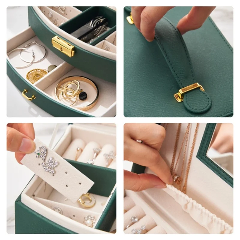 Dual Layer Jewelry Box Organizer Earring Rings Storage Display PU Leather Case, 20x16x10cm - Blackish Green
