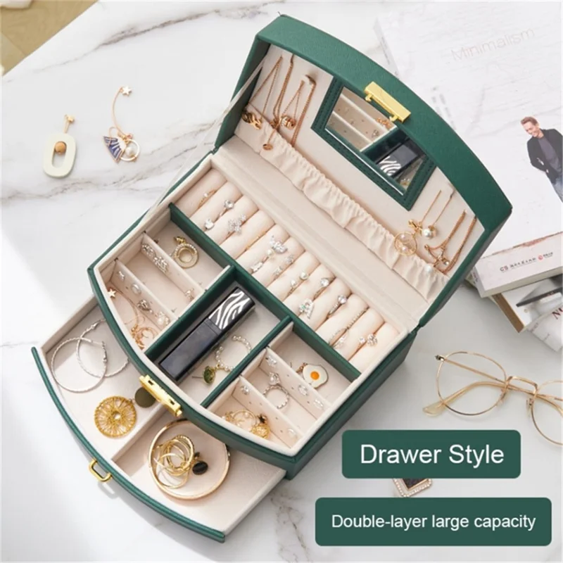 Dual Layer Jewelry Box Organizer Earring Rings Storage Display PU Leather Case, 20x16x10cm - White