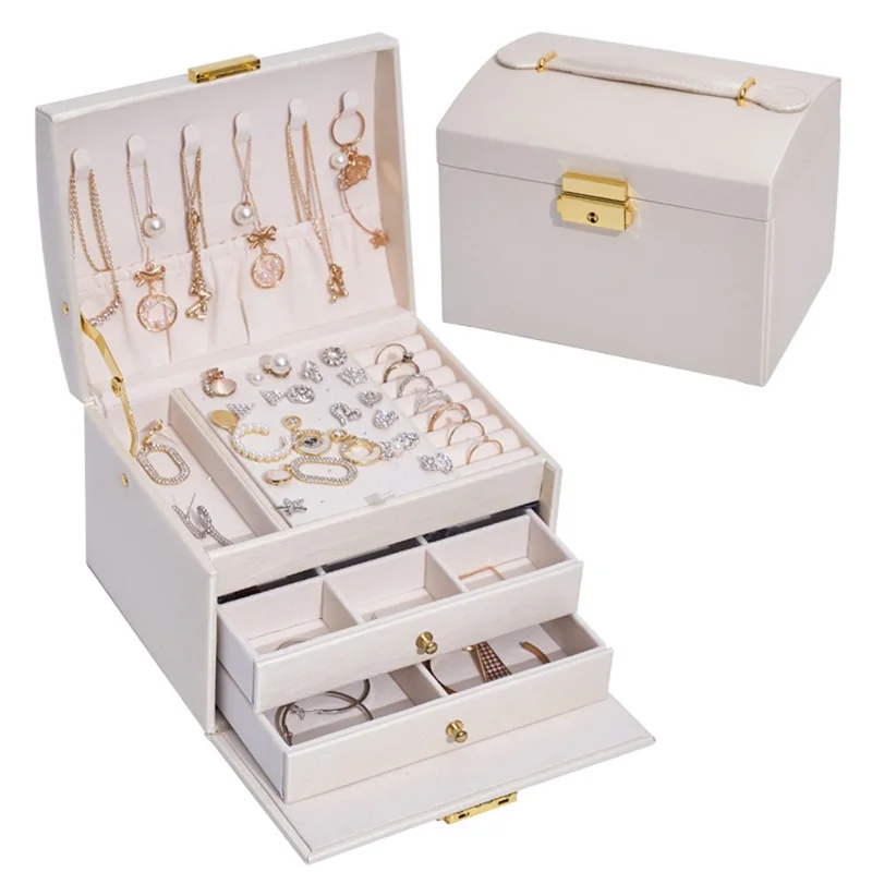 Three Layers Jewelry Box PU Leather Necklace Earring Rings Storage Case with Lock, 17x14x13cm - Beige