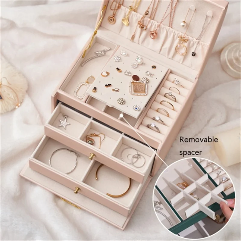 Three Layers Jewelry Box PU Leather Necklace Earring Rings Storage Case with Lock, 17x14x13cm - Beige