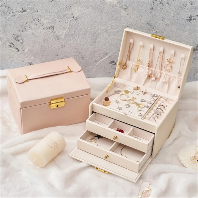 Three Layers Jewelry Box PU Leather Necklace Earring Rings Storage Case with Lock, 17x14x13cm - Beige